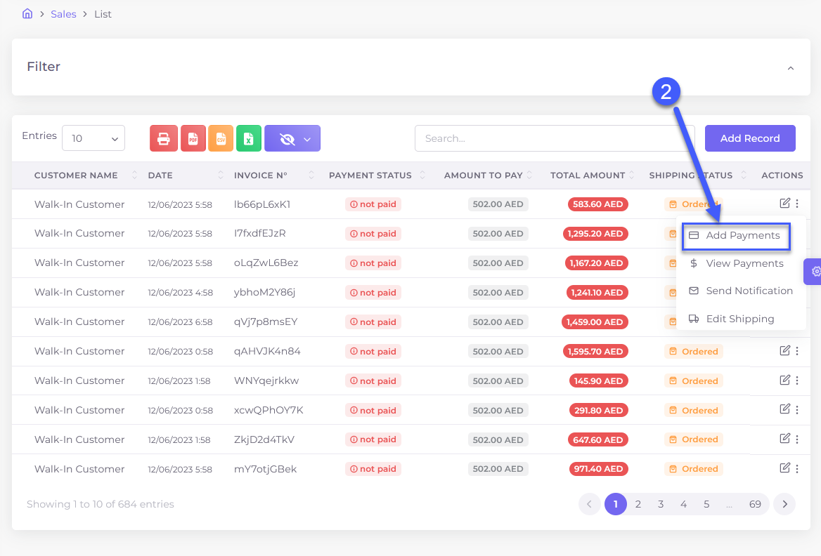 FBS HOS sales and payment screen